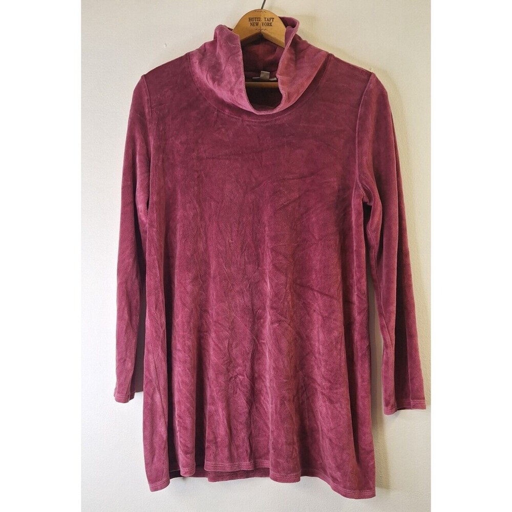 J JILL Velour Velvet Burgundy Turtleneck Tunic Top‎ Women's Sz M Lagenlook Boho